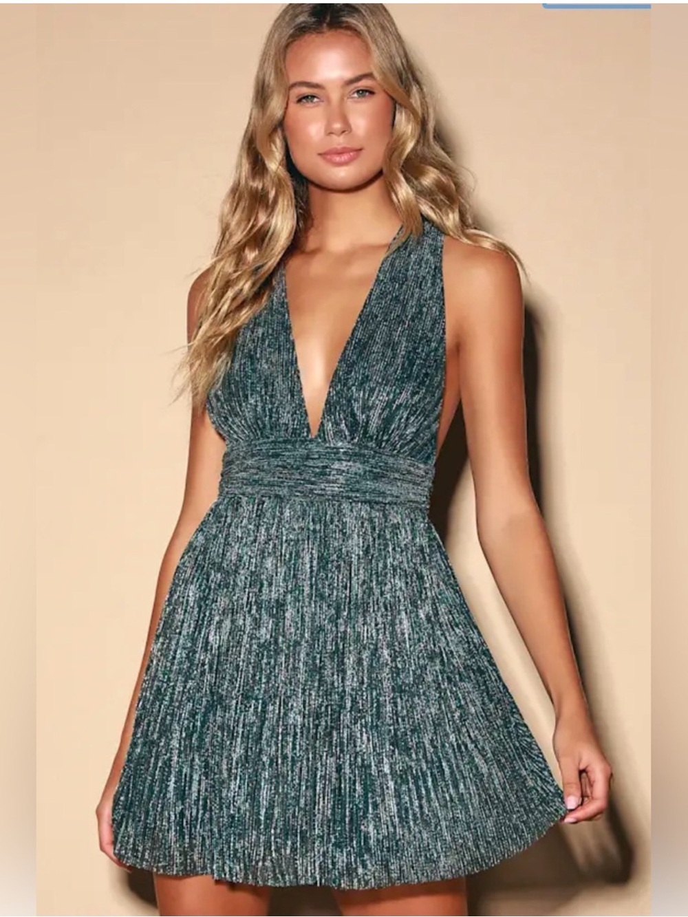 Lulus Ailey Gold Teal Shiny Blue Skater Dress Size XS